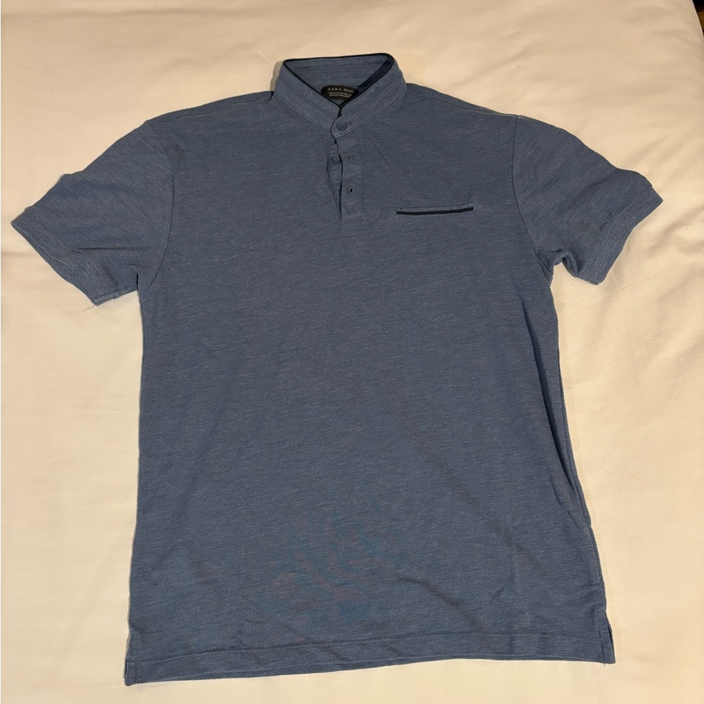 Zara Men's Slate Blue Mandarin collar Polo Shirt